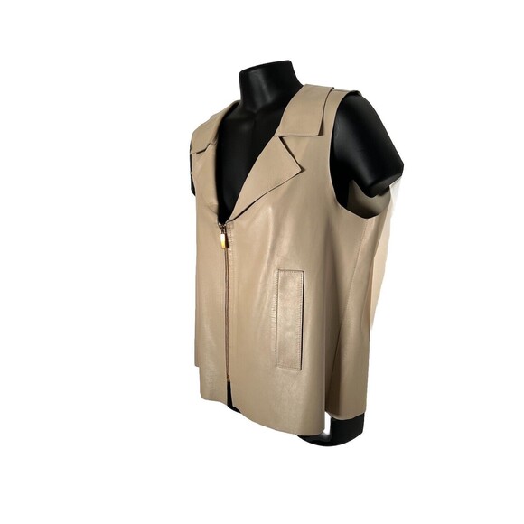 Oscar De La Renta Genuine Leather Vest Beige Gold Zipper Size 10 Made In USA - Picture 3 of 16
